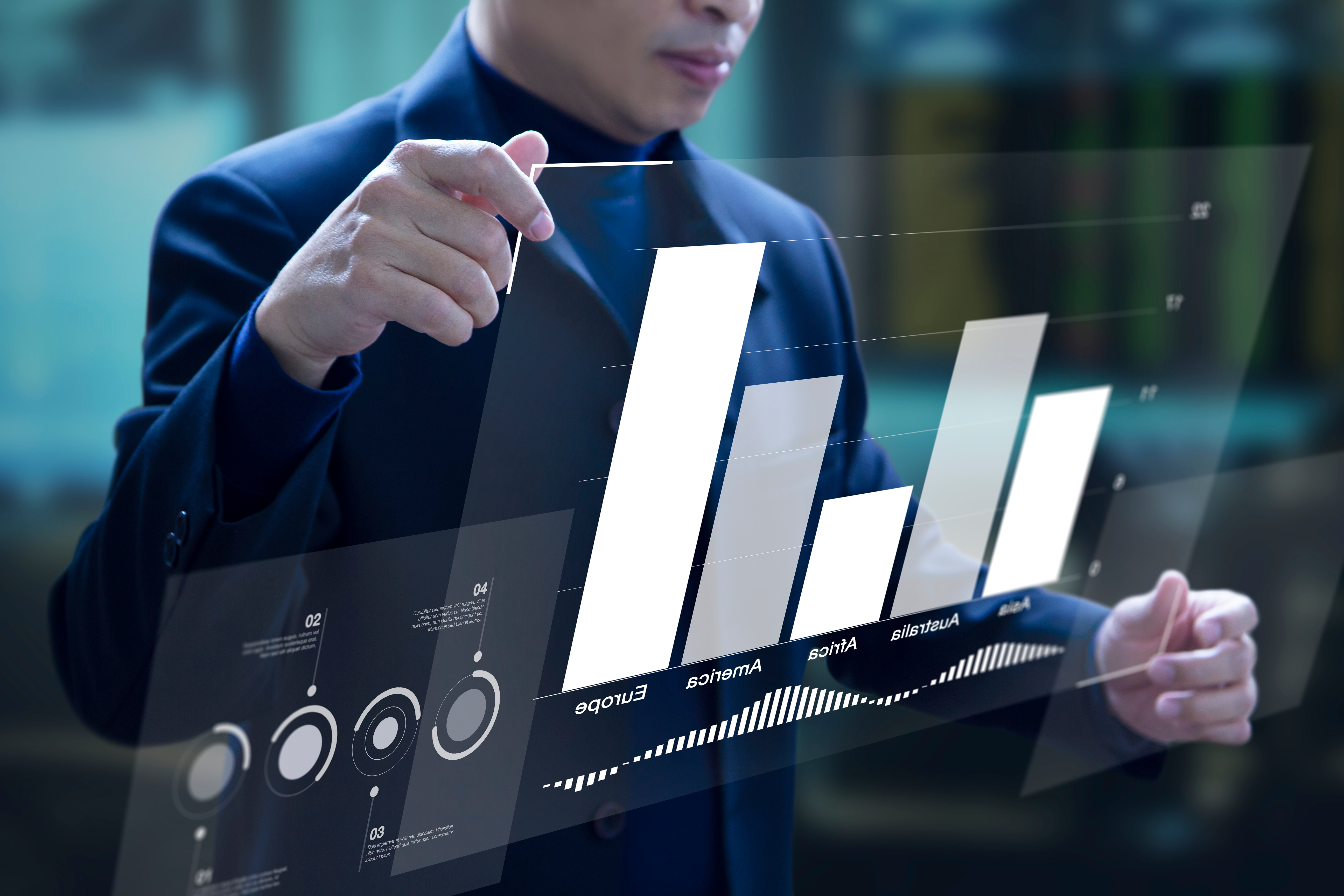 Business man expanding a virtual screen on augmented reality business application with bar graph while reviewing investment or financial information for a return on investment, ROI.